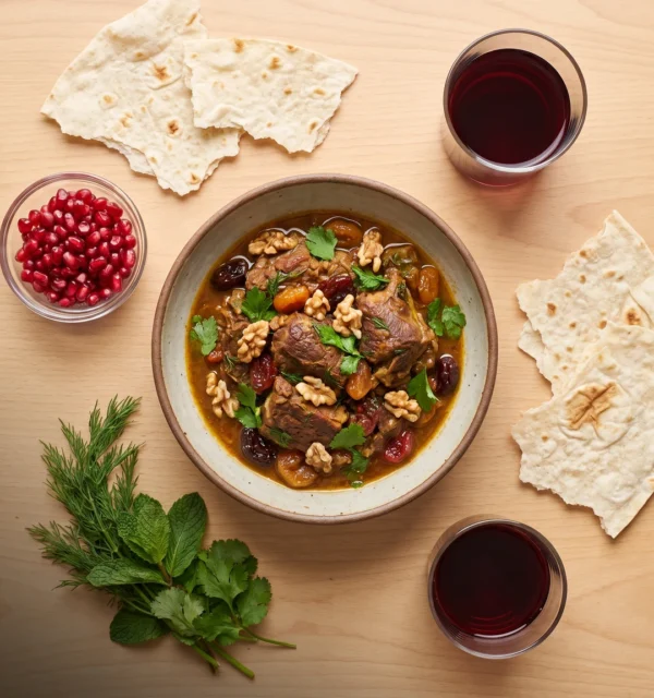 Гастротуризм Армении — Armenian gastro tourism: блюдо по центру, лаваш, гранат и красное вино / centered Armenian dish