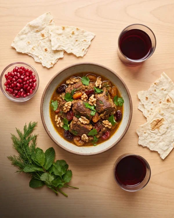 Гастротуризм Армении — Armenian gastro tourism: блюдо по центру, лаваш, гранат и красное вино / centered Armenian dish