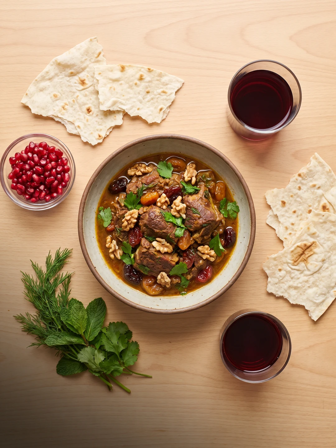 Гастротуризм Армении — Armenian gastro tourism: блюдо по центру, лаваш, гранат и красное вино / centered Armenian dish