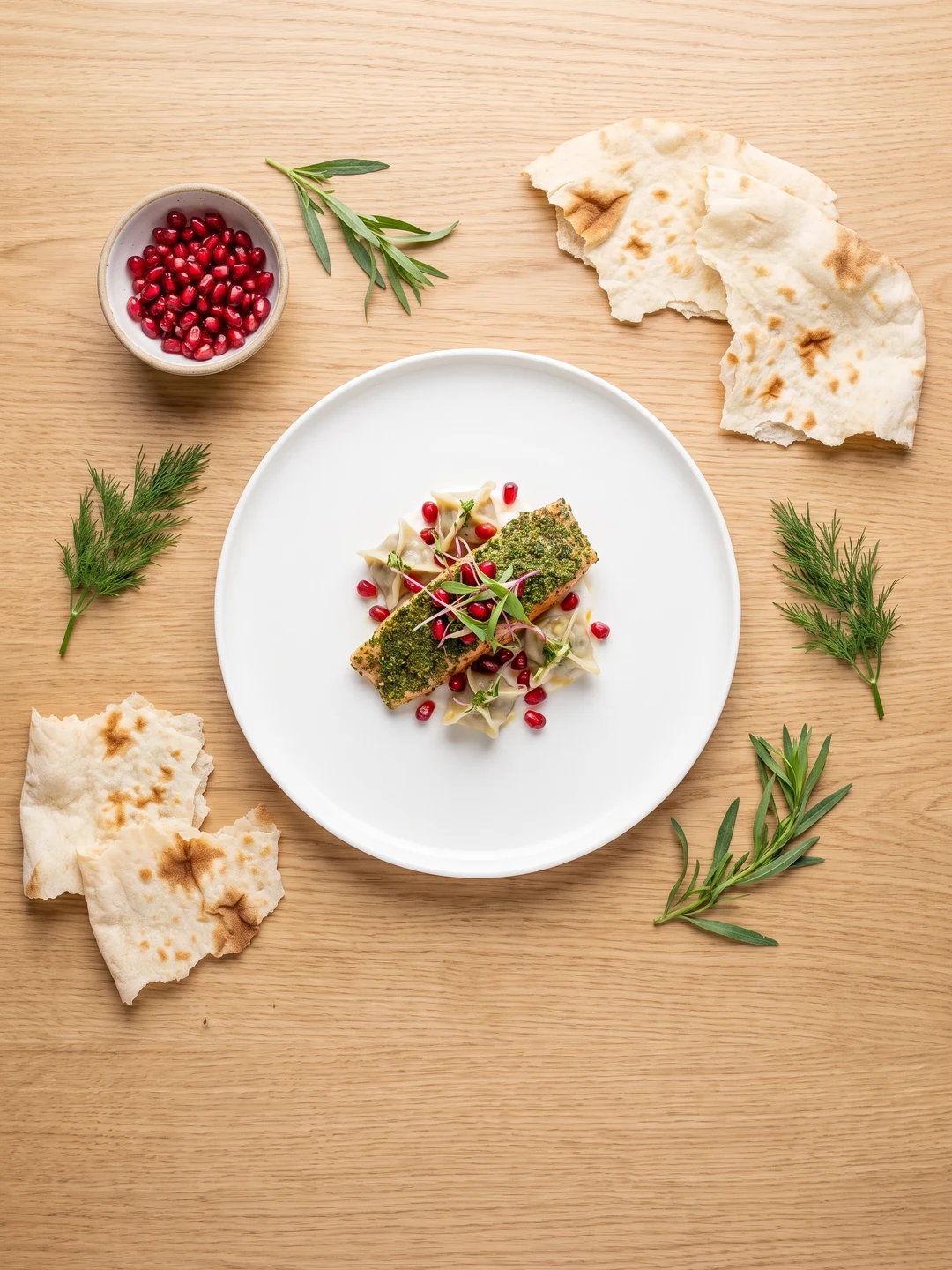 Армянская кухня — Armenian cuisine: авторское блюдо по центру с лавашем и гранатом / centered Armenian dish
